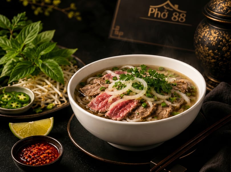 Steaming bowl of Pho 88 pho with beef, noodles, and fresh herbs, with sides of lime and chili sauce.