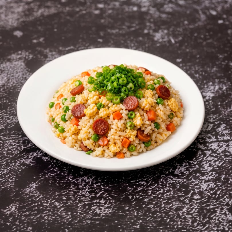 Fried rice with sliced sausage, peas, carrots, scrambled egg, and green onions on a white plate.