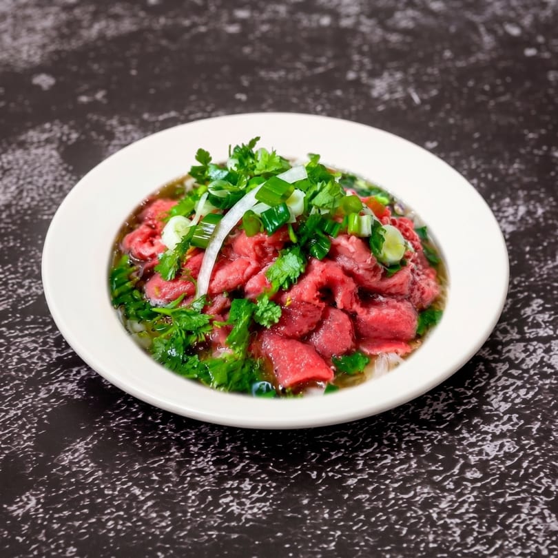 A bowl of pho with rare beef, green onions, and cilantro in a rich broth.